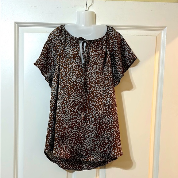 VICI Tyche Flutter Sleeve Satin Brown/Light Blue‎ Print Top, Women’s Small - Picture 1 of 11